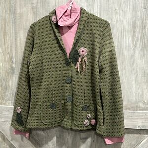 Sigrid Olsen green/pink lambswool/cashmere cardigan with matching turtleneck M